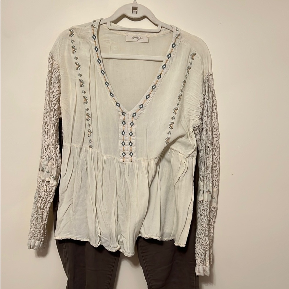 Altar'd State Cream Peplum Blouse with Lace Sleeves